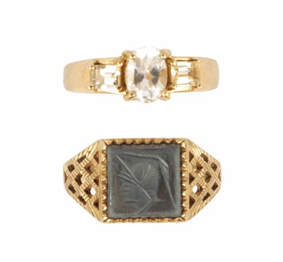 Lot 359 - A GENTLEMAN’S 9CT GOLD SIGNET RING AND LADIES CUBIC ZIRCONIA RING