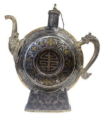 Lot 99a - A RARE 17TH/18TH CENTURY TIBETAN IRON AND MIXED METAL INLAID CHAANG FLASK