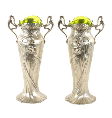 Lot 557 - A STYLISH LARGE PAIR OF ART NOUVEAU WMF PEWTER VASES WITH GREEN GLASS LINERS