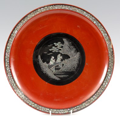 Lot 156 - A CHINESE RED LACQUERED CHARGER with abalone...