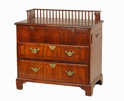 Lot 1297 - AN UNUSUAL GEORGE I AND LATER HERRING-BAND STRUNG AND FIGURED WALNUT BACHELORS CHEST