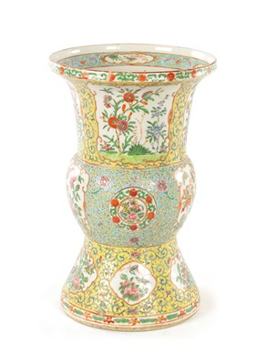 Lot 80 - A CHINESE QING DYNASTY YELLOW GROUND FAMILLE ROSE VASE