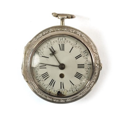 Lot 381 - CHARLES CABRIER, LONDON. A RARE GEORGE II SILVER PAIR CASED VERGE POCKET WATCH WITH CALENDAR