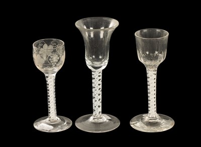 Lot 18 - A COLLECTION OF THREE 18TH CENTURY AIR TWIST WINE GLASSES