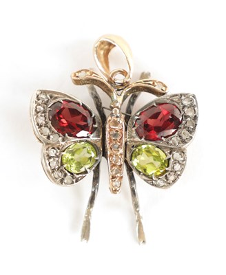 Lot 320 - A 9CT YELLOW AND WHITE GOLD RUBY, PERIDOT AND DIAMOND PENDANT