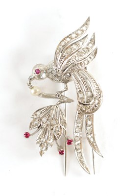 Lot 336 - AN STYLISH 18CT WHITE GOLD DIAMOND, RUBY AND PEARL BROOCH