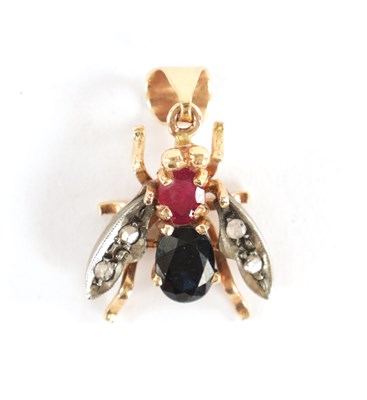 Lot 340 - A 9CT GOLD SAPPHIRE RUBY AND DIAMOND PENDANT