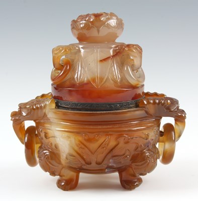 Lot 164 - A CHINESE AGATE SILVER MOUNTED INCENSE BURNER...