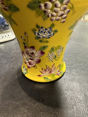 Lot 121 - A CHINESE FAMILLE ROSE YELLOW GROUND VASE