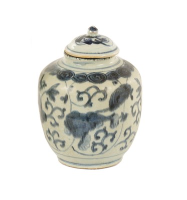Lot 230 - A CHINESE MING BLUE AND WHITE PORCELAIN VASE AND COVER