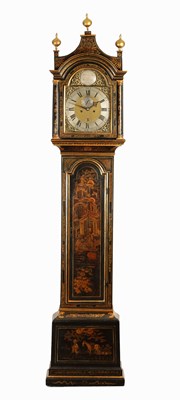 Lot 984 - WILLIAM RAY SUDBURY. A MID 18TH CENTURY BLACK LACQUER AND CHINOISERIE DECORATED EIGHT DAY LONGCASE CLOCK