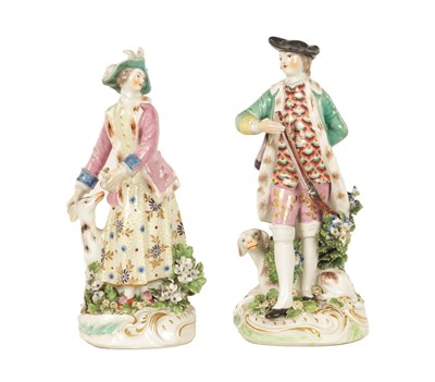 Lot 73 - A PAIR OF EARLY DERBY FIGURES OF A GAMEKEEPER AND COMPANION