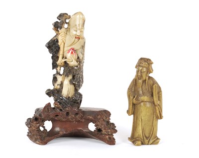 Lot 312 - TWO CHINESE CARVED COLOURED HARDSTONE STANDING FIGURES