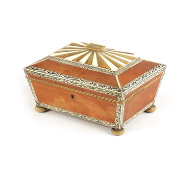 Lot 116 - A GOOD 19TH CENTURY ANGLO INDIAN VIZAGAPATAM SANDALWOOD, HORN AND IVORY BANDED  SARCOPHAGUS SHAPED WORK BOX