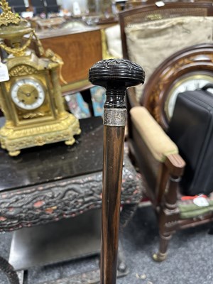 Lot 572 - A 19TH CENTURY CARVED EBONY AND CALAMANDA WALKING CANE