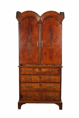 Lot 1175 - A WILLIAM AND MARY HERRINGBONE BANDED FIGURED WALNUT DOUBLE DOME TOP SECRETAIRE CABINET