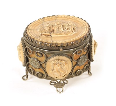 Lot 665 - A 19TH CENTURY GRAND TOUR CAMEO AND SILVERED BRASS JEWELLERY CASKET