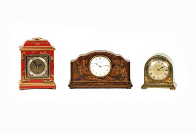 Lot 903 - THREE EDWARDIAN LACQUERED  CHINOISERIE DECORATED MANTEL CLOCKS