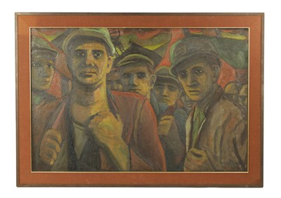 Lot 876 - SCOTT A 20TH CENTURY OIL ON BOARD MODERN ART DEPICTING MINERS