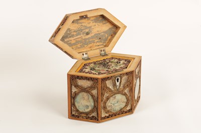 Lot 1144 - A FINE GEORGE III CHEQUERBAND STRUNG SATINWOOD, SCROLLED PAPER, CRUSHED GLASS AND PORTRAIT PANELLED HEXAGONAL TEA CADDY
