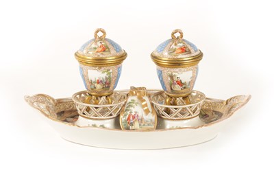Lot 58 - A 19TH CENTURY ORMOLU MOUNTED AUGUSTUS REX, DRESDEN PORCELAIN DOUBLE INK STAND