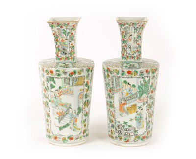 Lot 246 - AN UN USUAL PAIR OF 19TH CENTURY CHINESE FAMILLE VERTE VASES