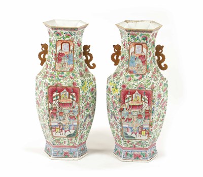 Lot 309 - A LARGE PAIR OF 19TH CENTURY CHINESE CANTON FAMILLE ROSE VASES