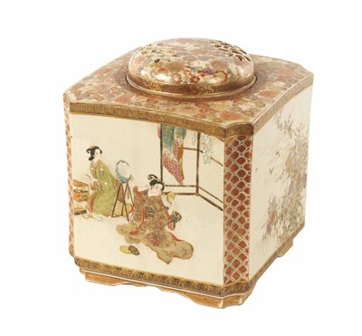 Lot 288 - A GOOD JAPANESE MEIJI PERIOD SATSUMA SQUARE POT POURRI JAR AND COVER OF LARGE SIZE