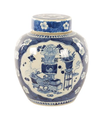 Lot 262 - A 19TH CENTURY CHINESE BLUE AND WHITE PRUNUS HAWTHORN PATTERN GINGER JAR AND COVER