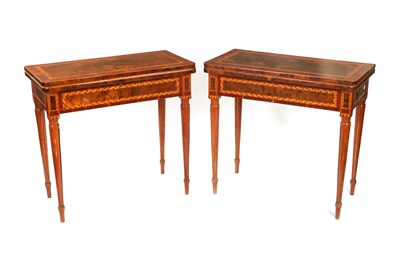 Lot 1271 - A PAIR OF 19TH CENTURY MARQUETRY INLAID WALNUT CARD TABLES