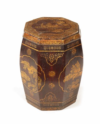 Lot 76 - A 19TH CENTURY CHINESE CHINOISERIE DECORATED OCTAGONAL GARDEN SEAT AND COVER