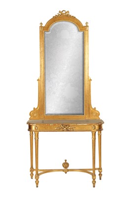 Lot 1300 - A 19TH-CENTURY FRENCH EMPIRE-STYLE MARBLE TOP GILT GESSO PIER TABLE AND OVER MIRROR