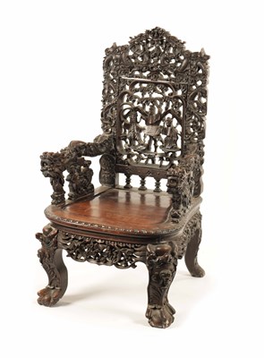 Lot 295 - AN 18TH/19TH CENTURY CHINESE CARVED HARDWOOD ARMCHAIR