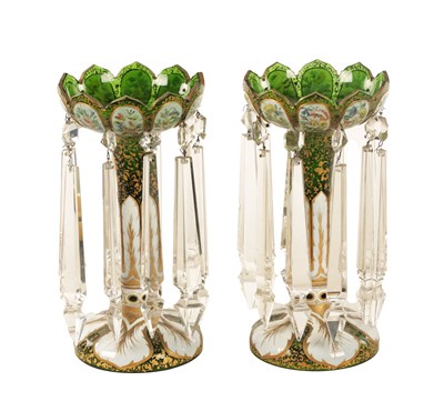 Lot 12 - A GOOD PAIR OF 19TH-CENTURY BOHEMIAN WHITE OVERLAY AND GILT-DECORATED GREEN GLASS LUSTRES