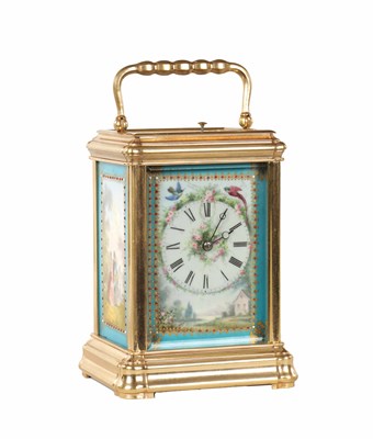 Lot 988 - A 19TH CENTURY FRENCH SEVRES PORCELAIN PANELLED GORGE CASE REPEATING CARRIAGE CLOCK