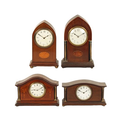 Lot 969 - A COLLECTION OF FOUR EDWARDIAN INLAID MANTEL CLOCKS