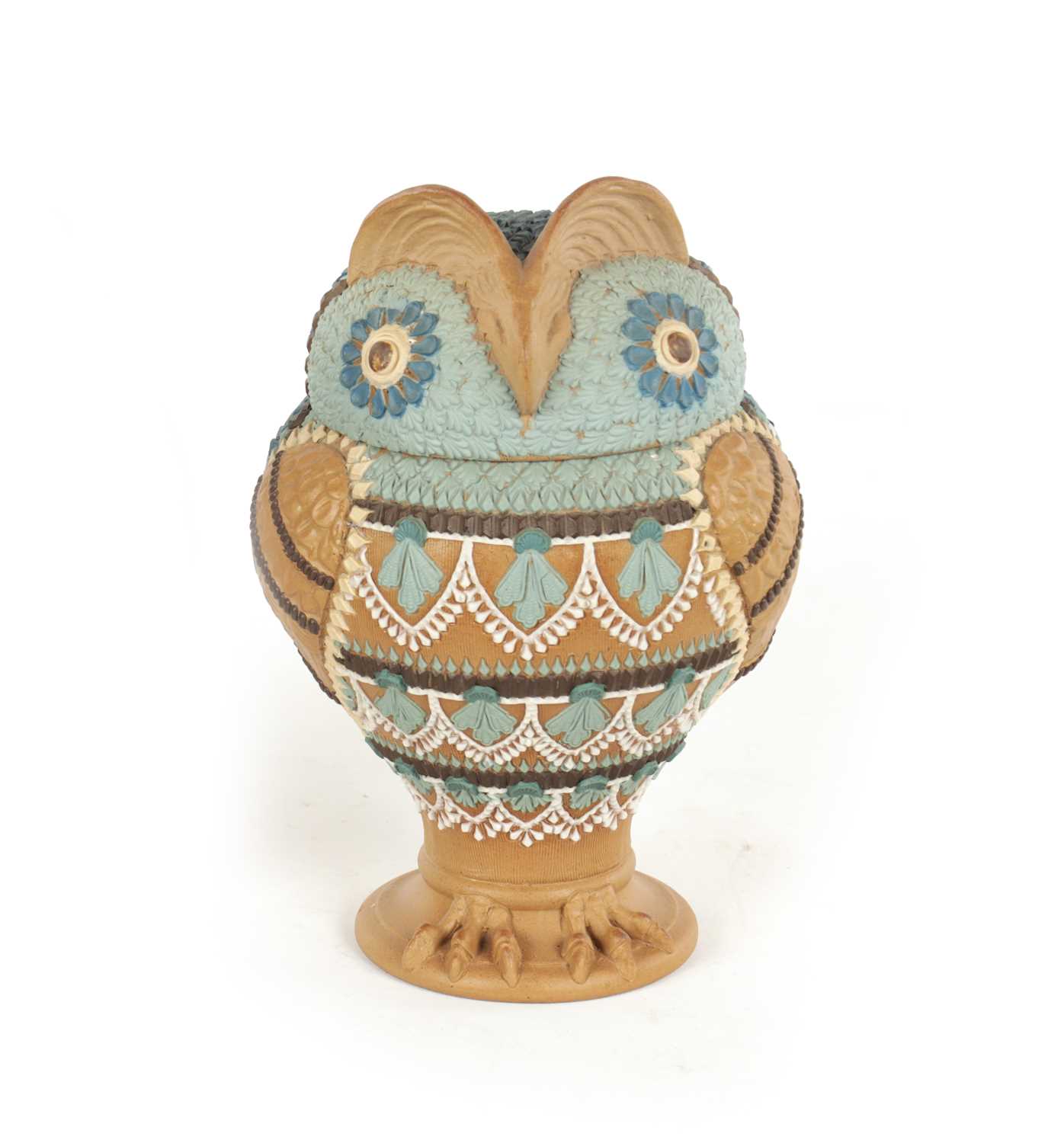 Lot 42 - A DOULTON LAMBETH SILICAN WARE OWL TOBACCO JAR AND COVER CIRCA 1880