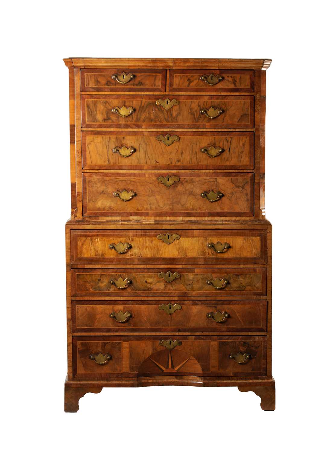 Lot 1316 - AN EARLY 18TH CENTURY HERRINGBANDED FIGURED WALNUT SECRETAIRE CHEST ON CHEST WITH STARBURST BASE