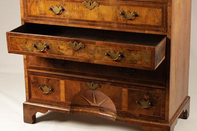 Lot 1316 - AN EARLY 18TH CENTURY HERRINGBANDED FIGURED WALNUT SECRETAIRE CHEST ON CHEST WITH STARBURST BASE