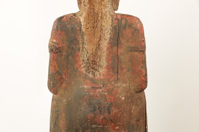 Lot 123 - AN EARLY TIBETAN LIFE-SIZE GILT AND RED LACQUER CARVED STANDING FIGURE OF A BUDDHA