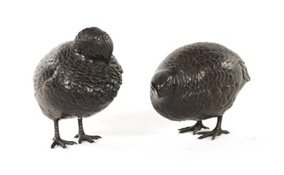 Lot 192 - A FINE PAIR OF JAPANESE MEIJI-PATINATED BRONZE SCULPTURES OF QUAILS