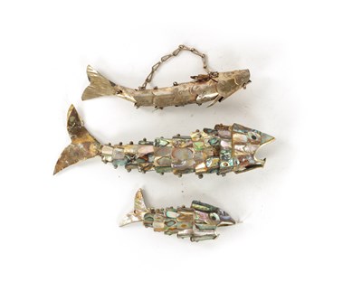 Lot 623 - TWO 19TH CENTURY ABALONE ARTICULATED MODELS OF FISH AND A SIMILAR METAL EXAMPLE