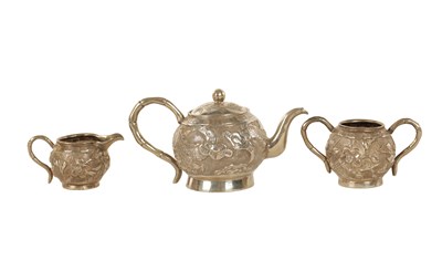 Lot 177 - A LATE 19TH CENTURY CHINESE SILVER MINIATURE THREE PIECE TEA SERVICE