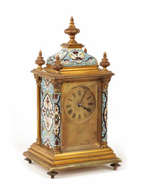 Lot 954 - A LATE 19TH CENTURY FRENCH GILT BRASS AND CHAMPLEVE ENAMEL CARRIAGE STYLE MANTEL CLOCK