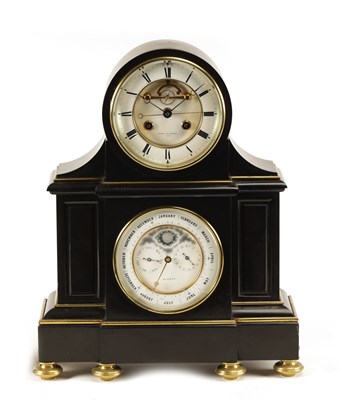 Lot 968 - A 19TH CENTURY FRENCH BLACK SLATE PANELLED MANTEL CLOCK WITH PERPETUAL CALENDAR WORK