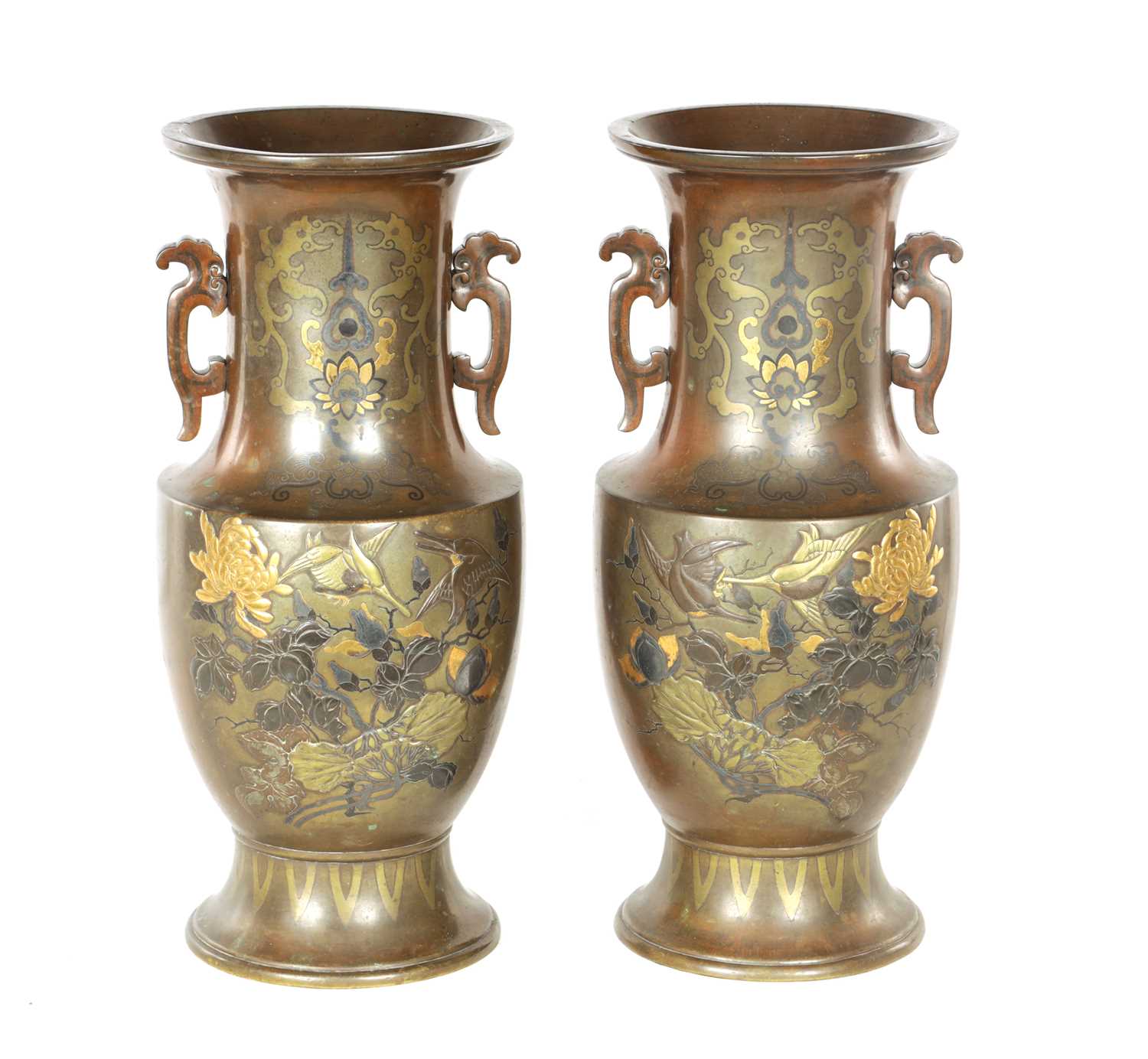 Lot 193 - A LARGE PAIR OF JAPANESE MEIJI PERIOD BRONZE AND MIXED METAL VASES