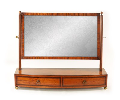 Lot 1276 - A GEORGE III SATINWOOD AND TULIPWOOD CORSS BANDED DRESSING TABLE MIRROR IN THE MANNER OF GILLOWS