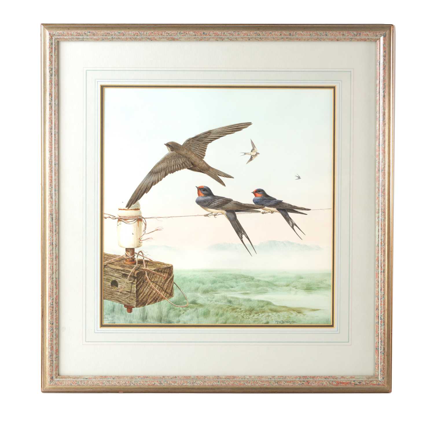 Lot 764 - MICHAEL (MIKE) JACKSON. A 20TH CENTURY WATERCOLOUR SWALLOWS IN FLIGHT AND PERCHED ON A LINE