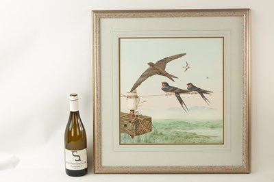 Lot 764 - MICHAEL (MIKE) JACKSON. A 20TH CENTURY WATERCOLOUR SWALLOWS IN FLIGHT AND PERCHED ON A LINE
