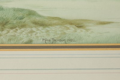 Lot 764 - MICHAEL (MIKE) JACKSON. A 20TH CENTURY WATERCOLOUR SWALLOWS IN FLIGHT AND PERCHED ON A LINE